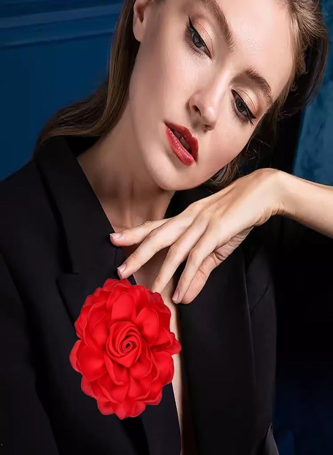 MarveBard Extra Large Satin Fabric Flower Brooch for Women Elegant Rose Camellia Floral Brooch Pin Handmade Big Satin Fabric Flower Statement Brooch Pin Vintage Clothing Hat Bag Accessories Christmas Wedding Bridal Birthday Jewelry (Red) - Image 2
